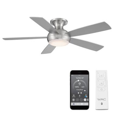 Imagem de Ventilador de teto WAC Smart Fans Odyssey para ambientes internos e externos, 5 lâminas, montagem embutida, 132 cm, níquel escovado com kit de luz LED de 3000 K e controle remoto funciona com Alexa
