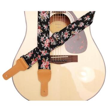 Imagem de MUSIC FIRST Design original, 5 cm de largura (5 cm), "Rosa Multiflora em preto" acolchoada de musselina macia e alça de guitarra de couro legítimo, alça de ukulele, alça de bandolim