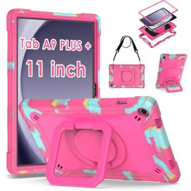 Imagem de DETUOSI Capa para Samsung Galaxy Tab A9 Plus 27.9 cm 2023, Tab A9 Plus, capa à prova de choque com suporte giratório de 360° e alça de ombro, capa resistente para SM-X210/X216/X218, camuflagem rosa