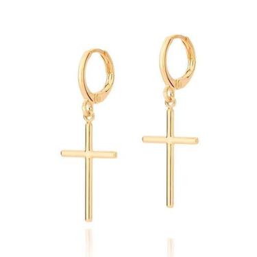 Imagem de Brincos masculino argola cruz pendurada banhado ouro 3x 24k 18k e 22k 