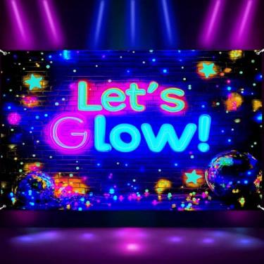 Imagem de Pano de fundo de banner de festa que brilha no escuro, faixa grande neon colorida deixa brilhar suprimentos de decorações de festa, néon piscina festa luz negra UV sinal reativo decoração de fundo 182