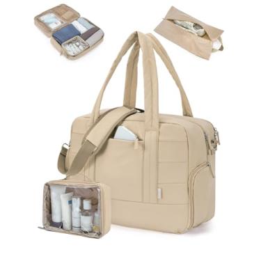 Imagem de CLUCI Bolsa esportiva para viagens de negócios, bolsa de viagem de fim de semana com compartimento para sapatos, bolsa feminina noturna com armazenamento para laptop, 1 cáqui