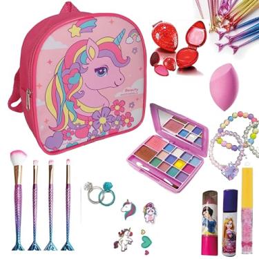 Imagem de Maquiagem Infantil Menina, Mochila Pink Unicórnio, Kit com Paleta de Sombras, Pincéis de Maquiagem Sereia, Gloss Labial e mais acessórios. Brinquedo Presente para Crianças Kit Beleza UP