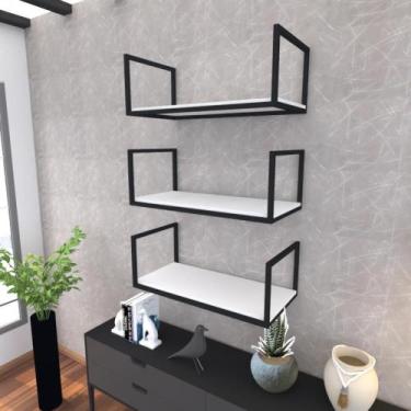 Imagem de Prateleira industrial suspensa estante parede nicho branca ferro e mad