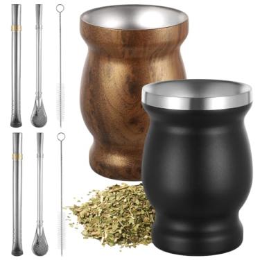 Imagem de OMISTAR Conjunto de 2 copos de erva mate e bombilla, conjunto de cabaça de erva mate de aço inoxidável de 227 g com canudo, filtro e escova, copo mate de parede dupla e conjunto de bombilla