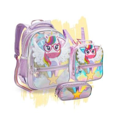 Imagem de Kit Mochila Escolar Infantil Menina 3 Divisórias Gatinha Unicórnio Com