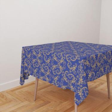 Imagem de Toalha De Mesa Quadrada 4 Lugares Tecido Oxford Arabescos Azul e Doura