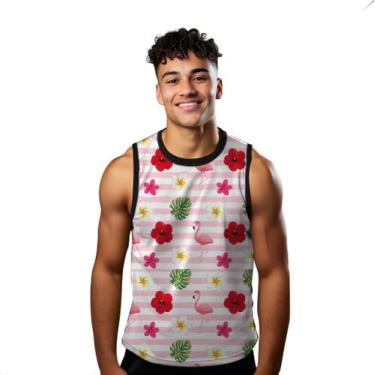 Imagem de Camiseta Regata Verão Estilo Moda Praia Flamingo Flores Listras Cartoo