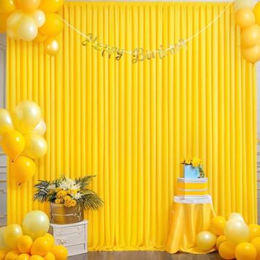 Imagem de Tao-Ge Cortina de Fundo Amarela para Festas, Aniversário, Casamento, Chá de Bebê, Fotografia, 2 Painéis de 1,5 m x 3 m com Laços