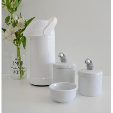Imagem de kit Higiene Bebê Potes K022 Cotonete Prata Algodão Limpeza Porcelana M