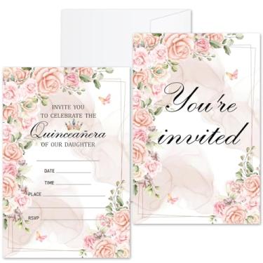 Imagem de ZSHFMY Convites de aniversário para meninas, convites de quinze anos, convites de festa de 15º aniversário, 20 cartões de convite de festa floral rosa com envelopes, 15º cartões de convite de quinze