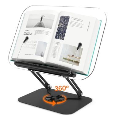 Imagem de Suporte de livro de acrílico para leitura, suporte ajustável com base giratória de 360° e clipes elásticos de página, suporte dobrável para livro de receitas, laptop, tablet, partituras musicais,