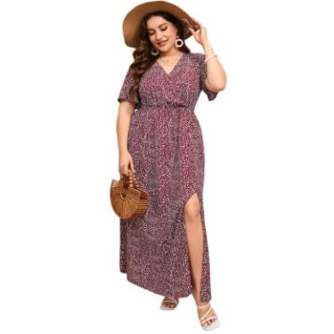 Imagem de KOJOOIN Vestido longo feminino plus size com mangas esvoaçantes, cintura império dividida, evasê, boho, casual, Pontos de vinho, GG