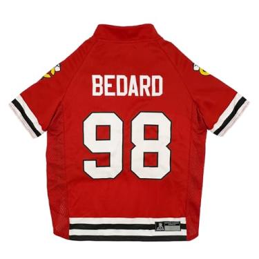 Imagem de Pets First Camisa de malha NHLPA Connor Bedard para cães e gatos, Chicago Blackhawks Bedard-98 Dog Jersey, tamanho grande, camiseta licenciada para cães com seu jogador favorito de time de hóquei