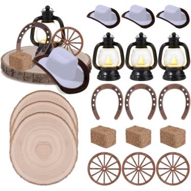 Imagem de 18 peças, decorações de festa ocidental, mini lanterna com vela de LED, chapéu de caubói, fardos de feno, vagão, roda, artesanato, prato de madeira, ferradura, mesa, centros de mesa, suprimentos para