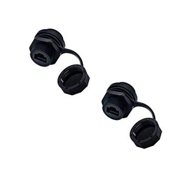 Imagem de RJ45 Blindado Industrial Dual Panel Mount Fêmea para Fêmea Montagem em Painel Conjunto Conector Impermeável com Tampa Conectores de Rede Cat5/5e/6 8P8C Conector Capa Impermeável (pacote com 2, Preto)