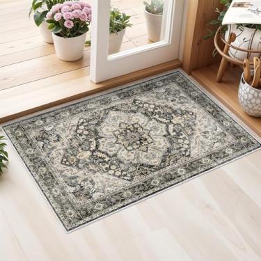 Imagem de Tapete de área oriental lavável – Tapetes de 5 x 7 cm para sala de estar, tapete macio para quarto, impermeável, floral, envelhecido, resistente a manchas, resistente a manchas (preto/cinza, 2 x 3)