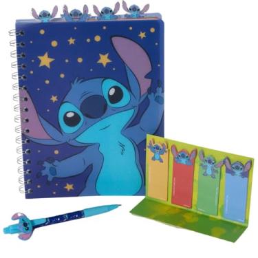 Imagem de Caderno espiral Disney Stitch Tab, caneta esferográfica, abas adesivas, 96 páginas forradas, azul escuro