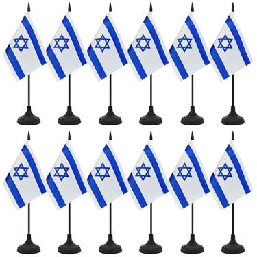 Imagem de Conjunto de 12 bandeiras de mesa de Israel, bandeira de escritório de mesa israelense, pequena bandeira de mesa em miniatura com mastro preto e base preta, sala de aula, decoração de mesa de reunião