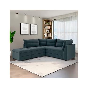 Imagem de Sofá Modular de Canto 4 Lugares Luizzi Quebec com Pufe e Revestimento em Suede – 408cm de Largura