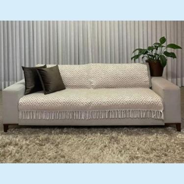 Imagem de Manta Decorativa para Sofá, Listras Zig-Zag, 150x180cm, Bege com Franjas