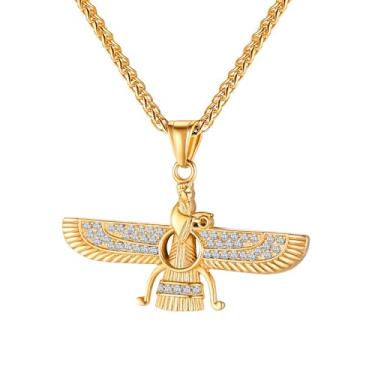 Imagem de TEMICO Colar masculino com pingente de zoroastrismo persa de aço inoxidável banhado a ouro 18 quilates Zaratustra Ahura Mazda, símbolo do Irã, joia de presente, Metal, Zircônia cúbica