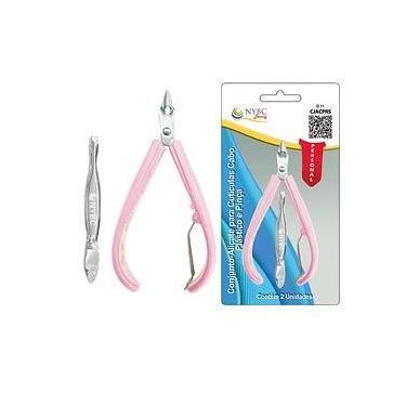 Imagem de Conjunto Alicate Cutícula + Pinça Aço Inox Cabo Plástico Rosa/Prata NY