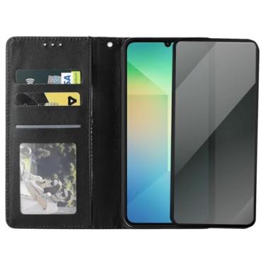 Imagem de Capinha Carteira Flip com Película 3D Privacidade Compatível Samsung Galaxy A06, Preta, Compartimentos para Cartões