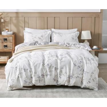 Imagem de SLEEPBELLA Conjunto de edredom Queen, algodão branco 600 fios, estampado com botânico roxo, 3 peças (Queen, roxo botânico)