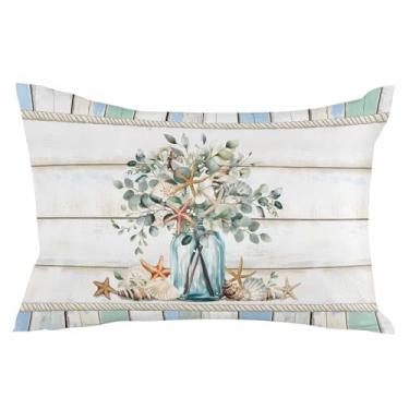 Imagem de Fronha de almofada 50 x 66 cm - vaso padrão de folha de eucalipto flor estrela do mar textura de madeira vintage microfibra macia escovada capas de travesseiro com fecho de zíper oculto fronhas de