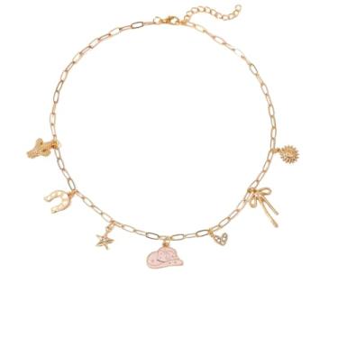 Imagem de Colar com pingente de corrente de ouro com pingentes ocidentais, cacto, ferradura, estrela, coração, sol e laço, Small, Metal Cristal, Cristal