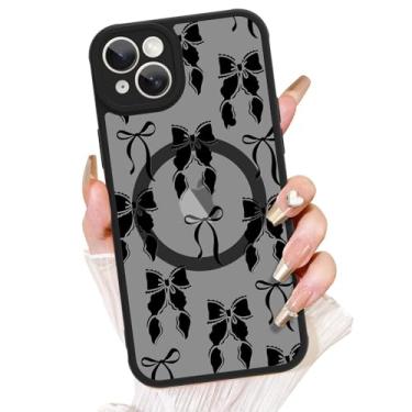 Imagem de AIGOMARA Capa para iPhone 15 Plus, compatível com MagSafe, linda estampa de laço com capa de telefone fosca semitransparente para mulher Gilrs TPU macio e PC capa protetora traseira fina preta