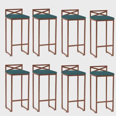 Imagem de Kit 08 Banqueta Alta Com Encosto Ema Balcão Bar Cozinha Bistrô Ferro Bronze Suede Azul Turquesa - Ahz Móveis