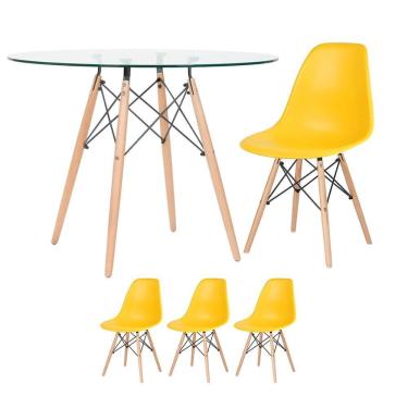 Imagem de Mesa Redonda Eames Com Tampo De Vidro 100 Cm + 3 Cadeiras Eiffel Dsw Amarelo