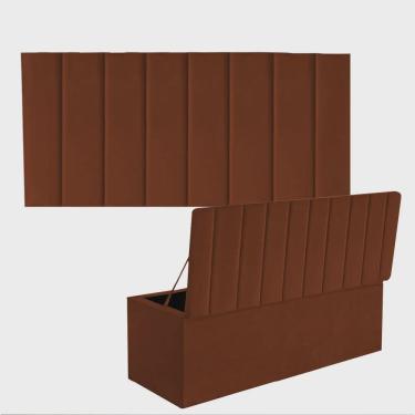 Imagem de Kit Painel Cabeceira Estofada e Calçadeira Baú Recamier Carla 160cm Queen Size Suede Te...