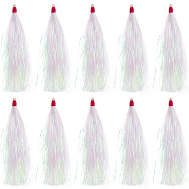Imagem de Kit de pesca Bucktail Teasers, 10 peças Mylar Flash Teaser Tail Fishing Teaser Iscas Mylar Bucktail Saias para Linguado Água Salgada Branco