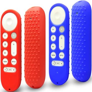 Imagem de Pinowu Capa de silicone (2 peças) compatível com controle remoto por voz Google TV Streamer 4K 2024, antiderrapante, à prova de choque, com cordão (vermelho e azul, ambos não brilham)