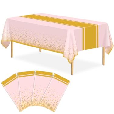 Imagem de LIKAJON Pacote com 4 toalhas de mesa rosa e douradas, decoração de festa, toalha de mesa de plástico rosa, estampada, dourada, 137 x 272 cm, capa de mesa retangular descartável para aniversário