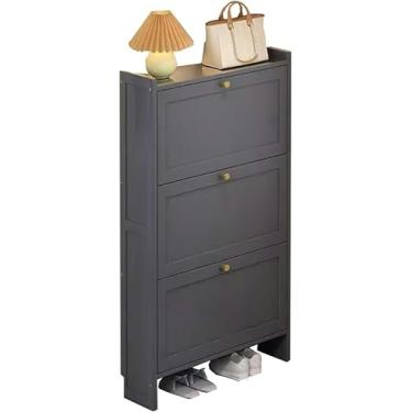 Imagem de LGEOELIAS Armário de sapatos fino com 2/3 camadas, armário de sapatos dobrável, organizador, armário estreito de bambu para entrada