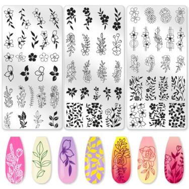 Imagem de beinkmake Conjunto de 3 peças de placas de estampagem de unhas de videira, folhas florais, margarida, modelos de carimbos de unhas de metal, ferramentas reutilizáveis de metal com raspador de carimbo
