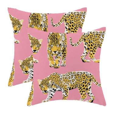 Imagem de Capas de almofada rosa leopardo preppy 45,7 x 45,7 cm, conjunto de 2 almofadas modernas com estampa de guepardo, decoração ao ar livre, divertida, divertida, dormitório de tigre, fronhas de linho para