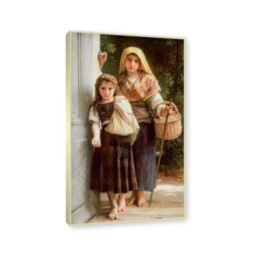 Imagem de NHLDZYH Moldura dourada champanhe. Impressões de arte William Adolphe Bouguereau - Pintura de retrato - (O pequeno mendigo) - Pôster temático de mitologia grega - Pôster de decoração de parede vintage