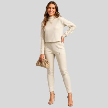 Imagem de Conjunto Feminino Estiloso Blusa e Calça Jogger- Gris Cativa, M, Bege