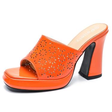 Imagem de Peijely Sandália feminina de salto plataforma vazada com bico quadrado e salto alto e grosso, Laranja, 35