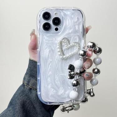 Imagem de Capa de celular luxuosa com estampa de coração e pérola 3D com cola gotejadora e pulseira para iPhone 11, 12, 13, 14, 15 Pro Max, capa traseira à prova de choque, branca, para iPhone 13Pro Max