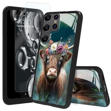 Imagem de ACWDMKH Capa para Samsung Galaxy S24 Ultra com protetor de tela e traseira de vidro temperado e amortecedor de TPU à prova de choque, resistente a arranhões para Samsung S24 Ultra, linda vaca Highland