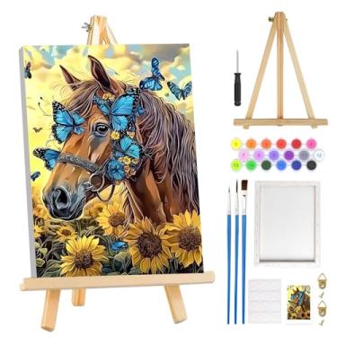 Imagem de MOGTAA Kit de pintura de cavalo por números para adultos iniciantes com moldura, kits de pintura de flores para adultos por números em tela com cavalete, kits de pintura a óleo de borboleta fáceis de