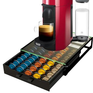Imagem de BLACKSMITH FAMILY Gaveta de suporte de cápsulas de café de vidro temperado de cristal, compatível com 75 cápsulas pequenas ou 50 grandes Nespresso Vertuo, sistema de deslizamento suave