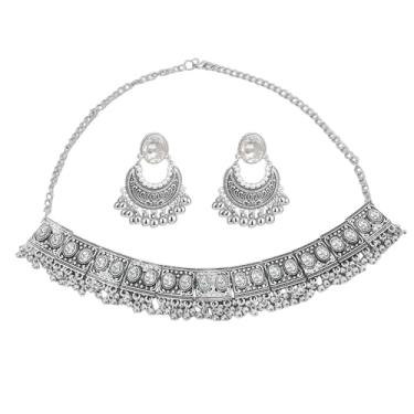 Imagem de Brincos pendentes de pérolas em forma de lua CZ com contas de zircônia cúbica indiana retangular gargantilha conjunto de colar para mulheres banhado a prata moda Boho Antique Bolloywood Jewelry, 18.5