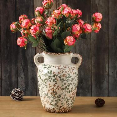 Imagem de Enra Vaso vintage de fazenda com alça, vaso floral chinês de cerâmica de 24 cm, vaso de flores decorativo verde e bege, vasos grandes rústicos para decoração de casa, sala de estar, estante de livros